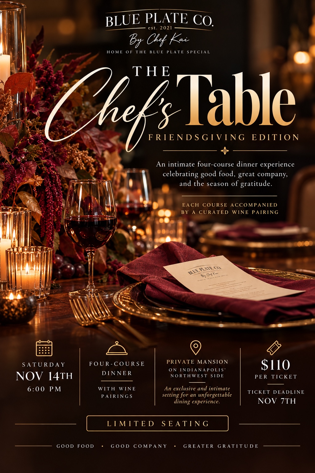 The Chef's Table Friendsgiving Edition event flyer with dinner, location, ticket price and deadline details
