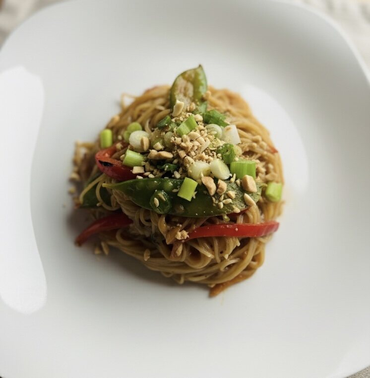 Asian-inspired noodles with fresh garnish